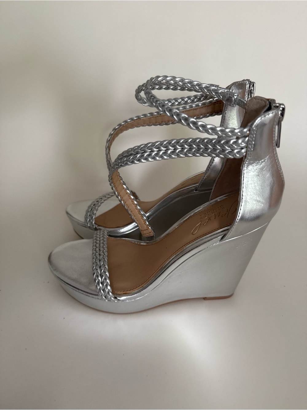 Jewel Badgley Mischka Silver Braided-Strap Wedge Sandals